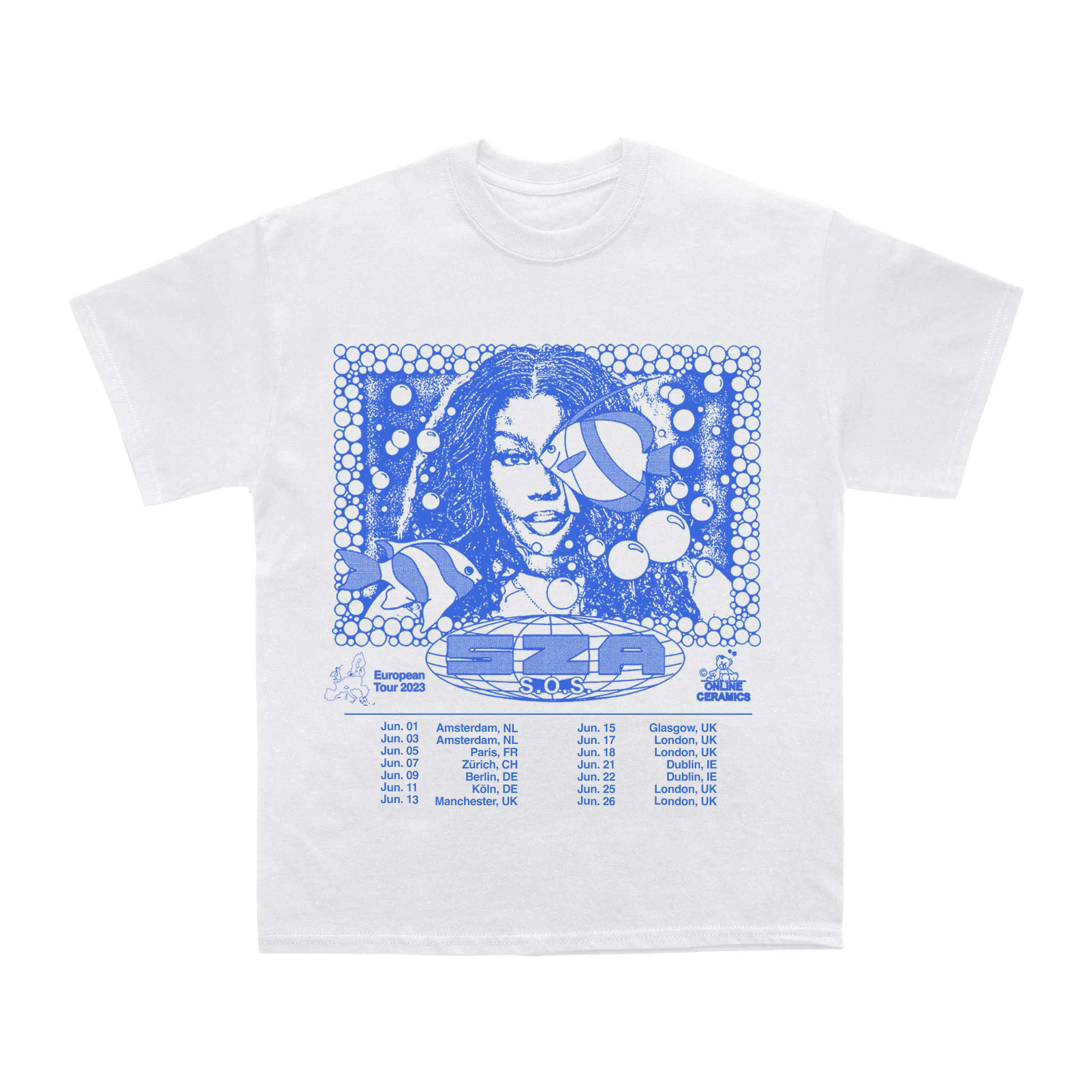 SZA MERCHANDISE - WHITE SOS EUROPE TOUR T-SHIRT